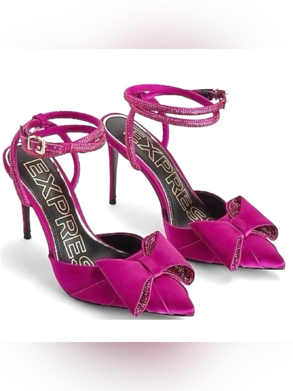 NEW EXPRESS WILD ORCHID PINK RHINESTONE BOW EMBELLISHED STRAP PUMPS HIGH HEELS 7